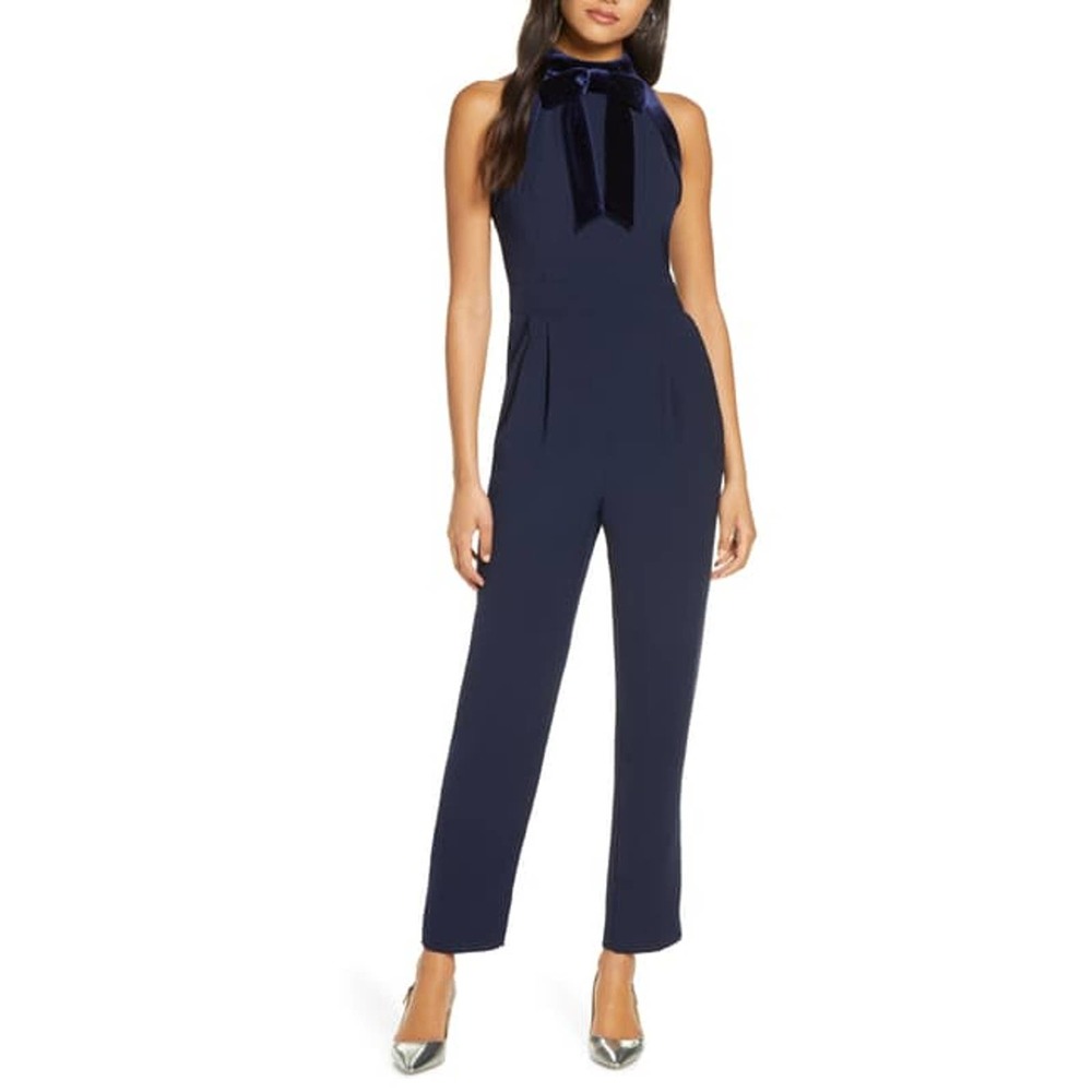 1901 Nordstrom Velvet Trim Halter Bow Jumpsuit